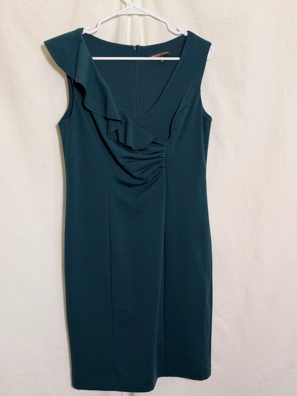 Vintage Adrienne Vittadini Teal Sheath Dress Size 6 Ruffle Neck Sleeveless Midi